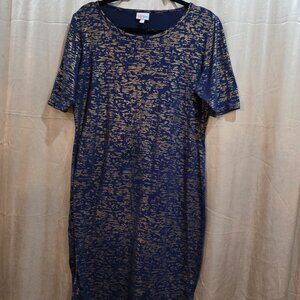 LulaRoe Limited Edition Julia Pencil Dress Blue Metallic Gold Size XL